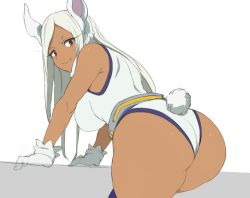 Rule 34 | 1girl, animal ears, ass, ass focus, boku no hero academia, breasts, clothing cutout, dark-skinned female, dark skin, gloves, heattech leotard, highleg, highleg leotard, huge ass, kachobi (user atuh5854), large breasts, leotard, light smile, long eyelashes, long hair, looking at viewer, looking back, mirko, muscular, muscular female, rabbit ears, rabbit girl, rabbit tail, red eyes, simple background, solo, superhero costume, tail, tail through clothes, taut leotard, thick thighs, thighs, toned, turtleneck, white gloves, white hair, white leotard