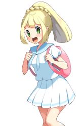 Rule 34 | 1girl, :d, backpack, bad id, bad pixiv id, bag, blonde hair, blush, braid, creatures (company), game freak, green eyes, high ponytail, lillie (pokemon), long hair, looking at viewer, miniskirt, nintendo, open mouth, pink background, pleated skirt, pokemon, pokemon sm, shirt, short sleeves, simple background, skirt, smile, solo, standing, white background, white shirt, white skirt, yuihico