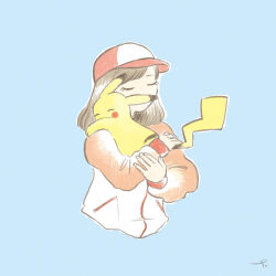 Rule 34 | 1girl, ^ ^, animal, animal hug, baseball cap, blue background, brown hair, closed eyes, closed mouth, commentary, covered mouth, creatures (company), cropped torso, dated commentary, english commentary, game freak, gen 1 pokemon, hat, highres, hug, jacket, long sleeves, medium hair, nintendo, pikachu, pokemon, pokemon (creature), signature, simple background, solo, terao (omelettera)