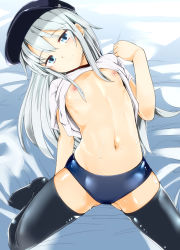 Rule 34 | 10s, 1girl, arm support, black thighhighs, blue eyes, blue hair, breasts, buruma, clothes lift, flat chest, hat, head tilt, hibiki (kancolle), highres, kantai collection, leaning back, long hair, looking at viewer, matching hair/eyes, navel, nipples, no bra, no shoes, shirt lift, smile, solo, stomach, takara akihito, thighhighs