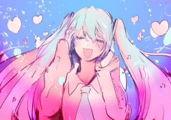 Rule 34 | 1girl, :d, aqua hair, blue background, blue nails, blue necktie, blush, closed eyes, commentary, dated, hair between eyes, hatsune miku, highres, long hair, long sleeves, music, musical note, nail polish, necktie, open mouth, singing, smile, solo, twintails, upper body, vocaloid, yokoyari mengo