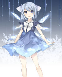 Rule 34 | 1girl, adapted costume, bad id, bad pixiv id, blue eyes, blue hair, bow, cirno, gradient background, hair bow, heart, ice, ice wings, koisu, short hair, snowflake print, snowflakes, solo, touhou, wings