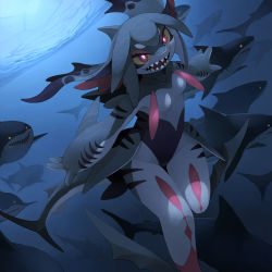 Rule 34 | 1girl, animal ears, black skin, blue background, body markings, colored sclera, colored skin, dorsal fin, feet out of frame, fins, fish tail, full body, gills, glowing, glowing eyes, grey skin, head fins, highres, kamukamu6392, looking away, monster girl, original, outstretched arms, pink eyes, pink pupils, red skin, shark, shark fin, shark girl, shark tail, sharp teeth, short eyebrows, solo, spread arms, swimming, tail, fish tail, teeth, underwater, yellow sclera