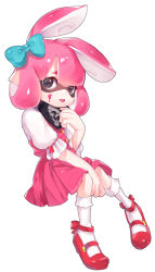 Rule 34 | 1girl, :p, absurdres, animal ears, aqua bow, black eyes, black neckerchief, blunt bangs, bobby socks, bow, closed mouth, commentary, cosplay, dress, fake animal ears, full body, hair bow, highres, inkling player character, invisible chair, licking, looking at viewer, mary janes, medium dress, medium hair, my melody, my melody (cosplay), neckerchief, nintendo, onegai my melody, paint splatter, paint splatter on face, pink dress, pink hair, pointy ears, puchiman, puffy short sleeves, puffy sleeves, rabbit ears, red footwear, sanrio, shirt, shoes, short sleeves, simple background, sitting, socks, solo, splatoon (series), splatoon 2, tentacle hair, tongue, tongue out, twitter username, white background, white shirt, white socks