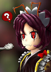 Rule 34 | 1girl, ?, antennae, arthropod girl, brown kimono, closed mouth, commentary request, double bun, entoma vasilissa zeta, extra pupils, fangs, feeding, hair bun, highres, japanese clothes, kimono, light smile, maid, maid headdress, monster girl, motion lines, overlord (maruyama), purple hair, red eyes, rice, ringbell95, short hair, simple background, skin fangs, solo, spoken question mark, spoon, upper body, you&#039;re doing it wrong