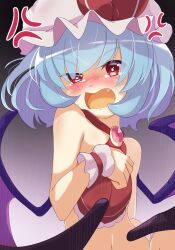 Rule 34 | 1girl, absurdres, anger vein, angry, bare shoulders, bat wings, blue hair, embarrassed, fang, hat, highres, looking at viewer, mob cap, naked ribbon, open mouth, red eyes, remilia scarlet, ribbon, solo, taki.a01, touhou, upper body, white hat, wings