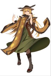 Rule 34 | 1girl, black footwear, blonde hair, boots, brown tabard, closed mouth, constellation print, full body, green skirt, hand on own face, hat, long hair, long sleeves, looking at viewer, matara okina, red eyes, simple background, skirt, solo, standing, tabard, tatara katsusan, touhou, tricorne, white background, wide sleeves