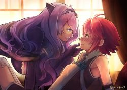 Rule 34 | 2girls, ahoge, ane-suisei, armor, armpits, blush, camilla (fire emblem), fire emblem, fire emblem fates, from side, gloves, grabbing another&#039;s chin, hair over one eye, hand on another&#039;s chin, hinoka (fire emblem), long hair, multiple girls, nintendo, purple eyes, purple hair, red eyes, red hair, short hair, smile, tiara, very long hair, wavy hair, yuri