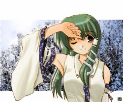 Rule 34 | 1girl, :d, arm up, armpits, brown eyes, detached sleeves, female focus, green hair, hair ornament, hana (hana mo arashi mo), kochiya sanae, looking at viewer, nontraditional miko, open mouth, parted lips, smile, snake hair ornament, solo, touhou, upper body, vest, wink