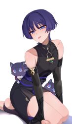 1boy 2others animalization bare_shoulders black_gloves black_shirt black_shorts black_sleeves blush cat chobonu fingerless_gloves genshin_impact gloves hair_between_eyes highres japanese_clothes looking_at_viewer male_focus multiple_others person_and_animalization purple_eyes purple_hair scaramouche_(cat)_(genshin_impact) scaramouche_(genshin_impact) shirt short_hair shorts tongue tongue_out white_background