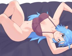 Rule 34 | 1girl, ahoge, artist name, bare arms, bare shoulders, blue hair, blush, bottomless, breasts, buttons, collarbone, crop top, feet out of frame, hair between eyes, hair ornament, hairclip, highres, knees up, large breasts, long hair, lying, navel, on back, original, pink eyes, pointy ears, rob ishi, shiny skin, smile, solo, val (rob ishi)