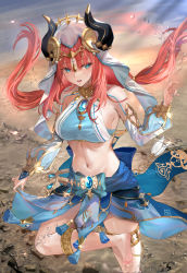 Rule 34 | 1girl, a-by, absurdres, aqua eyes, barefoot, brooch, circlet, detached sleeves, floating hair, foot up, gem, genshin impact, glint, gold, gold trim, hand up, harem outfit, highres, horns, jewelry, long hair, low twintails, midriff, navel, nilou (genshin impact), parted lips, puffy short sleeves, puffy sleeves, red hair, revision, short sleeves, sidelocks, skirt hold, solo, stomach, tassel, thighlet, thighs, twintails, white veil