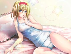 Rule 34 | 1girl, ajishio, alice margatroid, bed, blonde hair, female focus, finger to mouth, frilled pillow, frills, hairband, one-piece swimsuit, pillow, school swimsuit, see-through, solo, swimsuit, touhou, white school swimsuit, white one-piece swimsuit