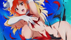 Rule 34 | 1girl, arm up, armband, armpits, blue background, blush, breasts, brown eyes, choker, cleavage, covering privates, covering breasts, cutie honey, cutie honey (character), cutie honey universe, earrings, embarrassed, eyelashes, gloves, heart, inue shinsuke, jewelry, large breasts, long hair, multicolored hair, nipple slip, nipples, official art, open mouth, puffy nipples, red hair, sidelocks, sleeveless, solo, teeth, topless, torn clothes, two-tone hair, v-shaped eyebrows