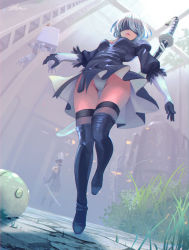 Rule 34 | 1boy, 1girl, black dress, black gloves, black thighhighs, blindfold, breasts, cleavage, dress, elrowa, feather-trimmed sleeves, from below, gloves, gluteal fold, groin, highres, mole, mole under mouth, nier (series), nier:automata, pod (nier:automata), short hair, thighhighs, 2b (nier:automata), 9s (nier:automata)