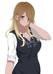 Rule 34 | 0-toki, 1girl, absurdres, black eyes, black sweater vest, blonde hair, blue bow, blue bowtie, blush, bow, bowtie, breasts, brown hair, cleavage, collarbone, dark-skinned female, dark skin, gradient hair, gyaru, hand on own face, hand up, highres, idolmaster, idolmaster shiny colors, izumi mei, large breasts, long hair, long sleeves, looking at viewer, multicolored hair, parted lips, plaid, plaid bow, plaid bowtie, school uniform, shirt, simple background, sleeves rolled up, solo, standing, sweatdrop, sweater vest, tan, upper body, white background, white shirt