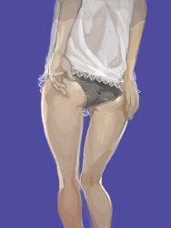 Rule 34 | 1girl, absurdres, adjusting clothes, adjusting panties, ass, blue background, commentary request, grey panties, highres, lace, lace-trimmed shirt, lace trim, murata tomohide, original, panties, shirt, simple background, solo, underwear, white shirt