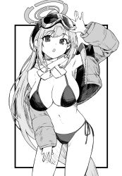 Rule 34 | 1girl, :o, absurdres, bikini, blue archive, breasts, down jacket, eimi (blue archive), eimi (swimsuit) (blue archive), goggles, goggles on head, greyscale, halo, hayashi itsuki, highres, jacket, large breasts, long hair, looking at viewer, monochrome, navel, official alternate costume, ponytail, scarf, side-tie bikini bottom, solo, standing, swimsuit, thighs
