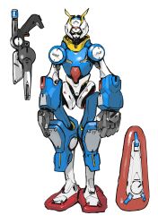 Rule 34 | absurdres, arms at sides, borrowed character, full body, gun, highres, looking at viewer, mecha, no humans, original, peter (peter6409), robot, solo, standing, weapon, white background, yellow eyes