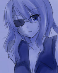 Rule 34 | 00s, 1girl, baccano!, blue theme, breasts, cleavage, eyepatch, glasses, monochrome, nice holystone, portrait, small breasts, solo