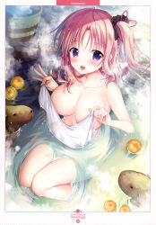Rule 34 | 1girl, absurdres, ahoge, animal, artist name, bathing, blush, breasts, bucket, cleavage, collarbone, convenient censoring, food, from above, fruit, hair ornament, hair scrunchie, highres, holding, holding towel, izumi kaori (twinbox), knees together feet apart, large breasts, long hair, looking at viewer, looking up, nude, onsen, page number, parted bangs, partially submerged, pink hair, purple eyes, ripples, scan, scrunchie, shiny skin, side ponytail, sitting, solo, sousouman, steam, tareme, towel, water, wooden bucket