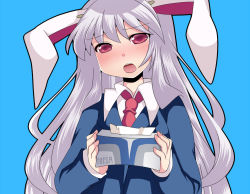 Rule 34 | 1girl, animal ears, bad id, bad pixiv id, blue background, blush, female focus, hammer (sunset beach), long hair, long sleeves, necktie, open mouth, purple eyes, rabbit ears, red eyes, red necktie, reisen udongein inaba, solo, touhou, very long hair