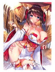 Rule 34 | 1girl, absurdres, animal ear fluff, animal ears, bare shoulders, bell, blue eyes, blush, breasts, brown hair, cleavage, collarbone, fingernails, floral print, fox ears, fox girl, fox tail, highres, japanese clothes, jingle bell, large breasts, lips, long hair, looking at viewer, mataro (matarou), mole, mole under eye, multiple tails, nail polish, navel, no panties, oil-paper umbrella, original, parted lips, pelvic curtain, red nails, revealing clothes, scan, shiny skin, simple background, solo, stomach, tail, tattoo, thighs, twintails, umbrella, wide sleeves