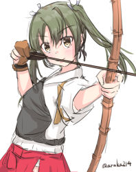 Rule 34 | archery, armor, aruka, bow (weapon), breastplate, dark green hair, hair ribbon, japanese clothes, kantai collection, looking at viewer, red skirt, ribbon, skirt, solo, twintails, twitter username, weapon, white background, zuikaku (kancolle)