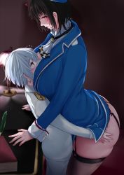 Rule 34 | 1boy, 1girl, admiral (kancolle), age difference, aqua eyes, ass, beret, black hair, bottomless, breast press, breasts, brown thighhighs, desk, flying sweatdrops, garter straps, ggli (yuine wantan), hat, heart, height difference, huge breasts, indoors, kantai collection, large breasts, lips, little boy admiral (kancolle), long sleeves, open clothes, profile, red eyes, short hair, silver hair, takao (kancolle), tall female, thighhighs
