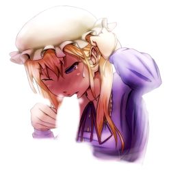 Rule 34 | 1girl, blush, breasts, censored, dress, eating, female focus, full-face blush, hat, highres, holding, holding hair, kamaboko bijin, large breasts, long hair, maribel hearn, sexually suggestive, solo, tears, touhou
