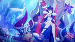 Rule 34 | 1girl, bare shoulders, blue eyes, blue hair, bob cut, cape, china dress, chinese clothes, closed mouth, coral reef, crown, dress, flower, full body, game cg, hair flower, hair ornament, highres, holding, holding staff, honkai (series), honkai impact 3rd, looking at viewer, open mouth, red cape, seele vollerei, seele vollerei (stygian nymph), short hair, sitting, sleeveless, sleeveless dress, solo, staff, third-party source, throne, underwater, white dress, white flower