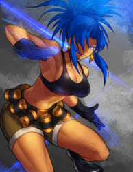 Rule 34 | 1girl, belt, blue hair, breasts, cleavage, earrings, gloves, jewelry, large breasts, leona heidern, midriff, ookami (pixiv27280), ponytail, shorts, sideboob, snk, solo, the king of fighters, thighs