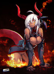 Rule 34 | 1girl, ahoge, bad id, bad pixiv id, bare shoulders, black dress, bottomless, bow, breasts, breasts out, cleavage cutout, cleft of venus, clothing cutout, dark-skinned female, dark skin, darkness, demon girl, demon horns, demon tail, detached sleeves, dragon girl, dragon horns, dragon tail, dress, fire, hair bow, hair ribbon, highres, horns, jjune, kneeling, large breasts, long hair, long sleeves, looking at viewer, monster girl, nipples, no panties, original, pussy, revealing clothes, ribbon, sash, slit pupils, solo, tail, tattoo, uncensored, white hair, yellow eyes