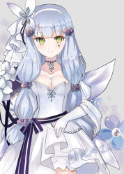 Rule 34 | 1girl, blue flower, blush, bow, breasts, butterfly hair ornament, cleavage, closed mouth, collarbone, commentary request, dress, elbow gloves, facial mark, flower, girls&#039; frontline, gloves, green eyes, grey background, hair ornament, hairband, highres, hk416 (girls&#039; frontline), jewelry, long hair, looking at viewer, lunacats, medium breasts, necklace, pearl necklace, pleated dress, purple bow, purple ribbon, ribbon, ring, silver hair, smile, solo, strapless, strapless dress, striped bow, striped ribbon, very long hair, white dress, white flower, white gloves, white hairband
