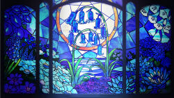 Rule 34 | blue theme, bluebell (flower), dairoku ryouhei, flower, highres, no humans, scenery, stained glass, window, yoyokokoyoyoko