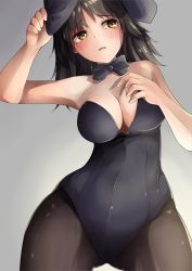 Rule 34 | 1girl, adjusting clothes, adjusting headwear, alternate costume, animal ears, bare shoulders, black hair, black leotard, black pantyhose, blush, bow, bowtie, breasts, brown eyes, cleavage, cowboy shot, detached collar, embarrassed, fake animal ears, frown, girls und panzer, grey background, half-closed eyes, hand on own chest, highres, kakimoto nao, leotard, medium breasts, medium hair, murakami (girls und panzer), open mouth, pantyhose, playboy bunny, rabbit ears, solo, standing, strapless, strapless leotard, sweatdrop