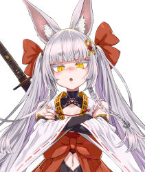 Rule 34 | 1girl, animal ear fluff, animal ears, asanagi, asanagi (azur lane), azur lane, bare shoulders, blunt bangs, colored eyelashes, commentary request, crossed arms, detached sleeves, eyeliner, fox ears, hair ribbon, hakama, highres, japanese clothes, long hair, looking at viewer, manjuu (azur lane), midriff, mole, mole on stomach, name connection, navel, open mouth, prototype design, red eyeliner, red hakama, red ribbon, ribbon, simple background, solo, triangle mouth, twintails, upper body, white background, white hair, wide sleeves, yellow eyes