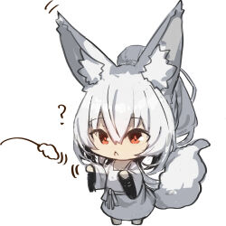 Rule 34 | 1girl, :&lt;, ?, animal ears, barefoot, cat teaser, chibi, commentary request, dress, ear wiggle, fox ears, fox girl, fox tail, full body, grey hair, hair between eyes, highres, long hair, long sleeves, original, parted lips, ponytail, red eyes, simple background, solo, standing, tail, triangle mouth, very long hair, white background, white dress, wide sleeves, yuuji (yukimimi)