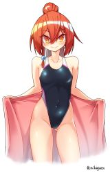 Rule 34 | 1girl, black one-piece swimsuit, cameltoe, collarbone, commentary request, competition swimsuit, cowboy shot, flat chest, gluteal fold, hair between eyes, highleg, highleg swimsuit, highres, long hair, looking at viewer, mikagura, one-piece swimsuit, orange hair, original, ponytail, red towel, simple background, smile, solo, swimsuit, white background, yellow eyes