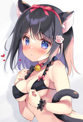 Rule 34 | 1girl, animal ear fluff, animal ears, bare arms, bare shoulders, bell, black bra, black choker, black hair, blue eyes, blush, bow, bra, breasts, cat ears, cat girl, cat tail, choker, cleavage, closed mouth, commentary request, gradient background, grey background, hair bow, hairband, heart, jingle bell, looking at viewer, medium breasts, neck bell, original, pan (mimi), paw hair ornament, red bow, red hairband, skindentation, solo, tail, underwear, underwear only, upper body, white background, wrist cuffs