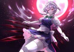 Rule 34 | 1girl, absurdres, apron, blood, blood on face, blue dress, bow, braid, dress, full moon, gloves, green bow, grey hair, highres, izayoi sakuya, knife, looking at viewer, maid, maid headdress, moon, puffy short sleeves, puffy sleeves, red eyes, rinkaito1231, short sleeves, solo, thighhighs, thighs, touhou, twin braids, white apron, white gloves, white thighhighs