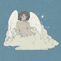Rule 34 | 1girl, angel wings, blue background, blue eyes, blush, breasts, breasts apart, brown hair, cloud, feathered wings, hand up, highres, karlovycross, looking at viewer, medium breasts, mole, mole on breast, navel, nipples, nude, original, pointy ears, short hair, simple background, smile, solo, upper body, white wings, wings