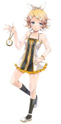 Rule 34 | 1girl, bare shoulders, blonde hair, blue eyes, dress, full body, hair ornament, hair ribbon, hairclip, kagamine rin, pocket watch, ribbon, short dress, short hair, sleeveless, sleeveless dress, socks, solo, toudou charo, tr, transparent background, vocaloid, watch