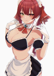 Rule 34 | 1girl, absurdres, alternate costume, apron, ascot, bikini, bikini top only, black skirt, blush, breasts, brooch, cleavage, closed mouth, commentary, cowboy shot, detached collar, enmaided, frilled bikini, frills, gloves, hands up, heterochromia, highres, hololive, houshou marine, jewelry, large breasts, long hair, maid, maid apron, maid bikini, maid headdress, navel, red eyes, shooot108, simple background, skirt, smile, solo, stomach, strap gap, swimsuit, twintails, unconventional maid, virtual youtuber, white background, white gloves, yellow eyes