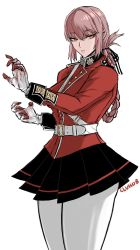 Rule 34 | 1girl, absurdres, black skirt, blood, breasts, closed mouth, cluhob, fate/grand order, fate (series), florence nightingale (fate), gloves, hair ornament, hands up, highres, jacket, large breasts, long hair, looking at viewer, pantyhose, pink hair, red eyes, red jacket, simple background, skirt, solo, thighs, white pantyhose