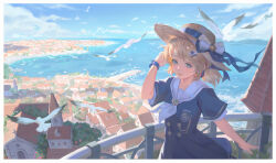 Rule 34 | 1girl, absurdres, aqua eyes, bird, blonde hair, blue ribbon, blush, bracelet, building, buttons, cityscape, cloud, commentary request, day, dress, eyelashes, fence, hand up, hat, hat ribbon, highres, hyxifeng, jewelry, long hair, open mouth, original, outdoors, ribbon, short sleeves, sky, smile, teeth, upper teeth only, water
