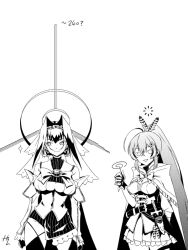 Rule 34 | 2girls, ahoge, breasts, cape, clothing cutout, commentary, detached sleeves, feather hair ornament, feathers, greyscale, hair ornament, halo, hololive, hololive english, holster, knife, knife sheath, large breasts, limiter (tsukumo sana), long hair, medium breasts, medium hair, miniskirt, monochrome, multiple girls, nanashi mumei, ouro kronii, ponytail, sheath, signature, skirt, sparkle, symbol-only commentary, taka t, underboob, underboob cutout, veil, very long hair, virtual youtuber