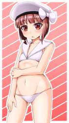 Rule 34 | 1girl, bikini, bow, breath, brown hair, clothes writing, contrapposto, cowboy shot, flat chest, hat, highres, kantai collection, looking at viewer, narashika asuka, red eyes, sailor bikini, sailor collar, sailor hat, short hair, sigh, solo, striped, striped background, swimsuit, two-tone background, white bikini, white bow, white hat, z3 max schultz (kancolle)