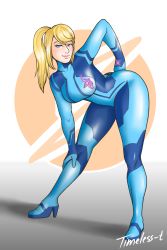Rule 34 | 1girl, blonde hair, blue bodysuit, blue eyes, bodysuit, breasts, commentary, female focus, full body, high ponytail, highres, hip focus, impossible bodysuit, impossible clothes, large breasts, long hair, looking at viewer, metroid, mole, nintendo, ponytail, samus aran, skin tight, smile, solo, symbol, thighs, timeless-t, tumblr, zero suit