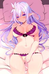 Rule 34 | 1girl, absurdres, albion (azur lane), azur lane, bra, breasts, cleavage, covering crotch, covering privates, cowboy shot, earrings, from above, hair between eyes, hair ornament, hairclip, highres, jewelry, lace, lace-trimmed bra, lace-trimmed panties, lace trim, large breasts, long hair, looking at viewer, lying, on back, on bed, origami aya, panties, pillow, pointy ears, purple eyes, purple hair, purple trim, underwear